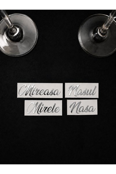 Cratoo Set 4 Stickere Argintiu Crom pentru Pahare Nunta: Mirele, Mireasa, Nasul, Nasa. 6cm. Folie de transfer inclusa.