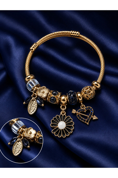 Gold Charm Kadın Bileklik Siyah Papatya ve Kalp Figürlü Taşlı Çelik Kelepçe Bileklik