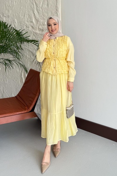 Rimel Moda Sevde Güpürlü Takım Sarı