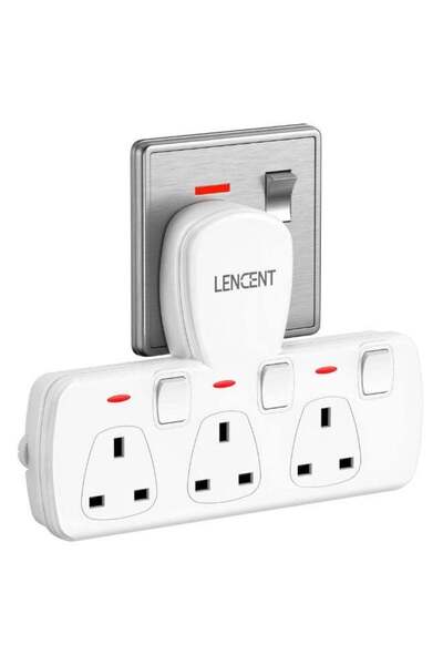 LENCENT مقبس تمديد ثلاثي الاتجاهات 3 في 1 بقابس بريطاني مع مفاتيح فردية، 3 من...