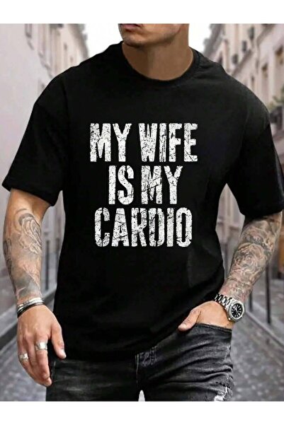 9TAY 100% Cotton Wife Is My Cardio Men's Black Vacation Crew Neck Short Sleev...