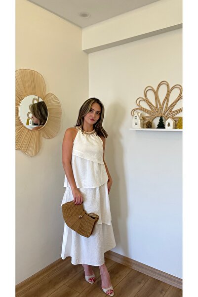 Nihanello Butik Hasır yaka detaylı kat kat elbise
