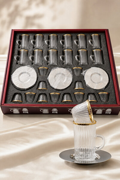 Alakhmas 36Pcs Transparent Vertical Stripe Gold Rim Coffee Tea Set Hospitalit...
