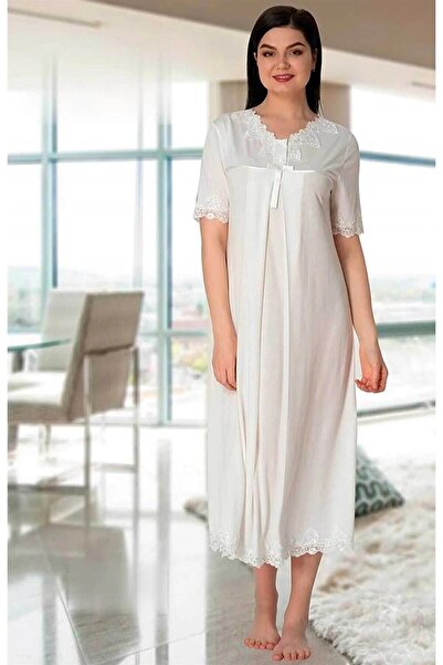 Effortt Dvina Lohusa Hamile Lace Detailed Short Sleeve Nightgown - Ecru