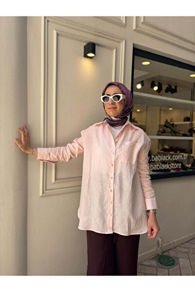 TERZİ DÜKKANI TD3652 Keten Basic Kadın Gömlek Pudra Pembe