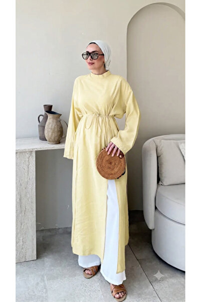 RFK Butik Kadın Seyyar Kemerli Tensel Yırtmaç Detaylı Tunik Boy Bluz - Sarı