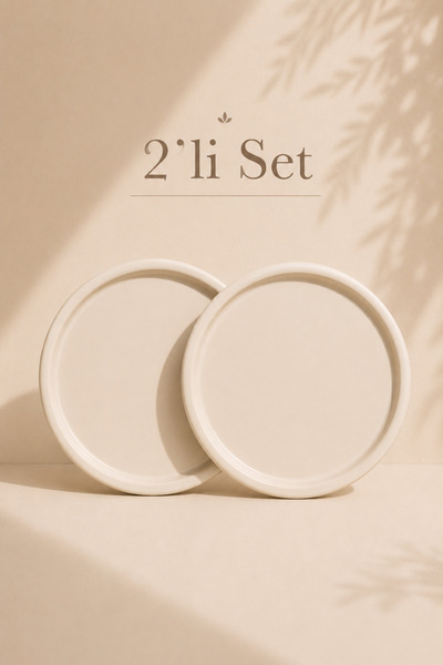 Beige & Stone 2'li Krem Paslanmaz Çelik Yuvarlak Servis ve Sunum Tabağı 22 cm...