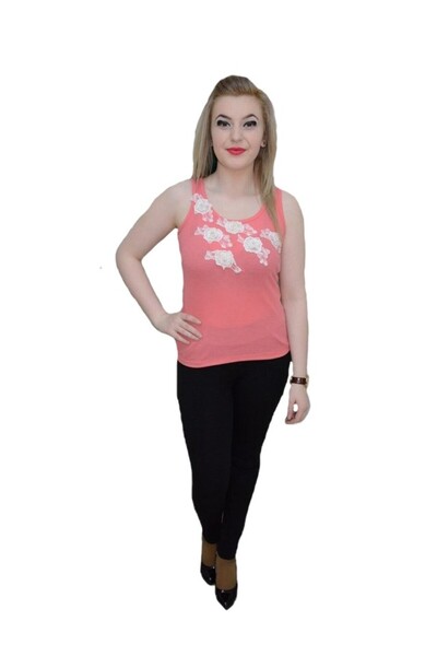 OEM Tricou rafinat fara maneca si bretele late, corai cu broderie alba