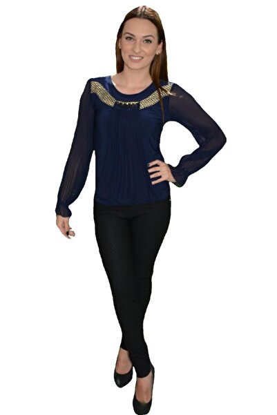 OEM Bluza moderna de ocazie, culoare bleumarin, cu voal plisat