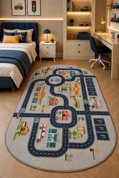 DECOVİST HOME Yıkanabilir, Kaymaz Tabanlı ve Leke Tutmaz Araba Yolu Desenli Ç...