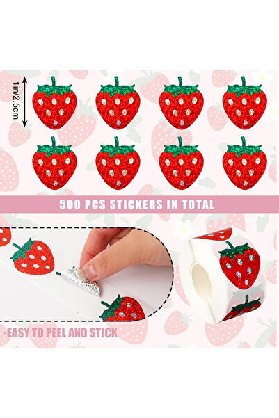 Choice1 1inch-500pcs 500 Pcs Strawberry Stickers Roll Holographic Pink Red Be...