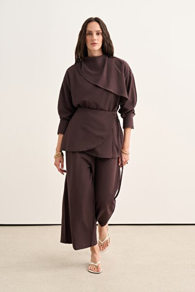 EBU Prive Women's Organic Cotton Shawl Collar Mobile Belt Skirt Blouse Brown