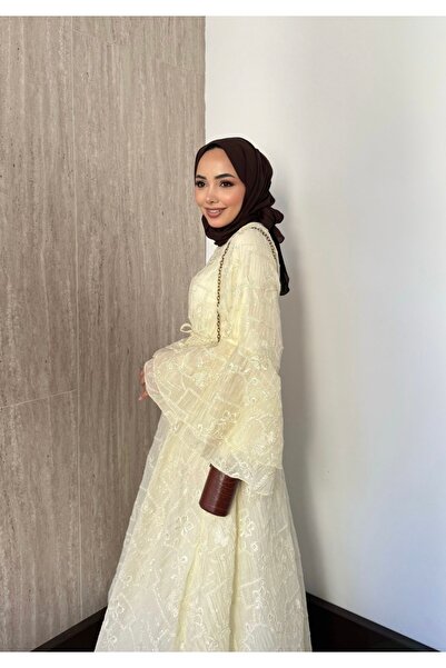 MODA S&S BZLİNE Payet işlemeli dantel elbise Butteryellow