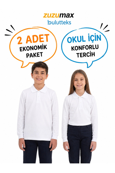 okullu (2ADET) Polo Yaka beyaz uzunkol okul tişört kıyafetleri üniforması çocuk genç