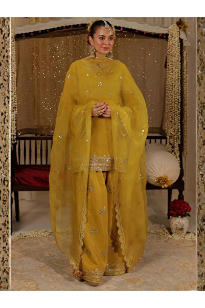 MYSMAR Yellow Heavy French Crepe Embroidered Suit Set - HRT3622 | Yellow-Size...