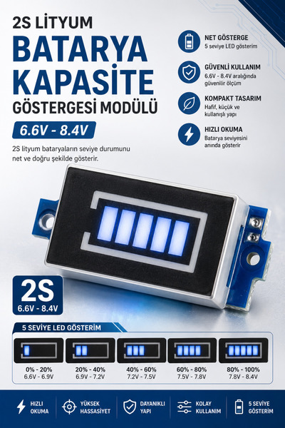 RoboPazar 2S Lityum Batarya Kapasite Göstergesi Modülü 6.6V - 8.4V