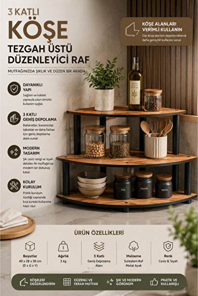 Doğahome 3 Katlı Köşe Tezgah Üstü Düzenleyici Raf – Mutfak Köşe Organizeri, Ç...