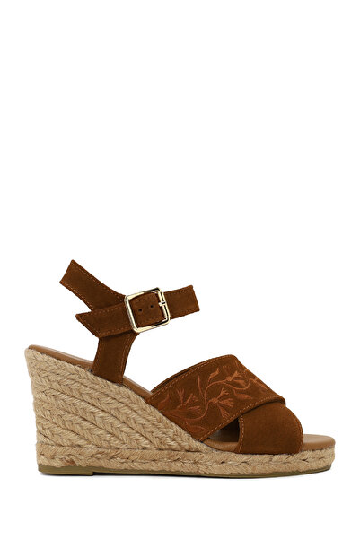 Derimod Women's Tan Ankle Buckle Wedge Heeled Suede Leather Espadrille Sandal...
