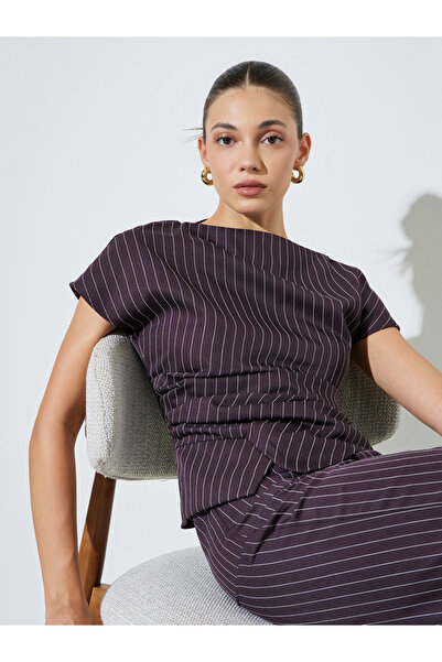 Styli Brown Pinstripe Asymmetric Hem Top