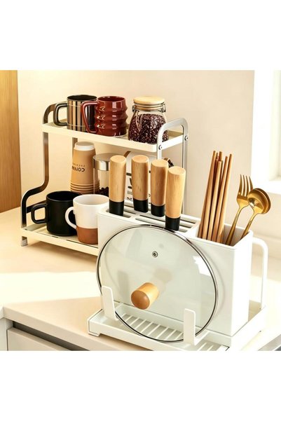 HT Home Organizers Kitchen Counter Organizer Set 2 Pieces, Knife Spoon Lid Drying Rack + Coffee Cup Multi-Layer Storage Rack, Home Kitchen Space Saving Accessory
