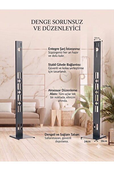 Yasomi Dyson Uyumlu Antrasit Gri Renk Dikey Süpürge Standı V15-V12-V11-V10-V8 Bütün Dyson Modelleriyle Uyumlu