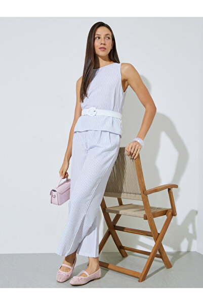Styli Off White Striped Belted Top and Pants Co-Ord Set