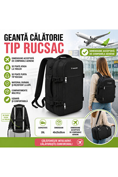 Trizand Rucsac de călătorie tip geantă, 20L, 40x25x20cm, 2 compartimente, Negru