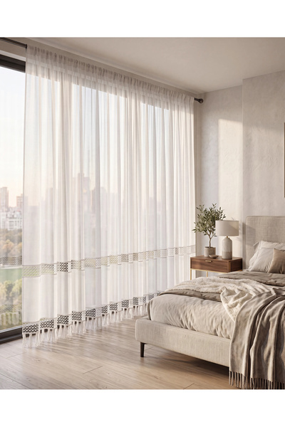 Leo Boutique Curtain Dantel Püsküllü Ekru Tül Perde Rod Pocket Özel Ölçü Bohe...