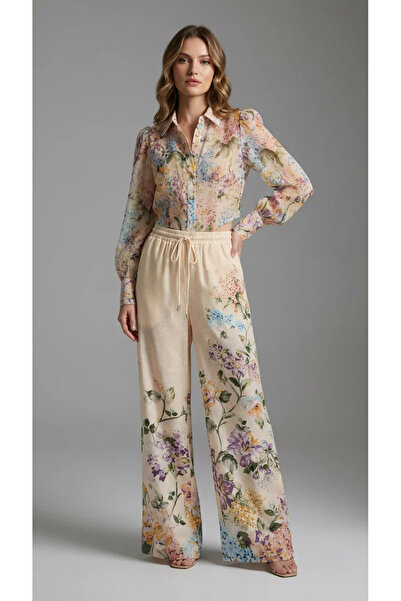 2TRENDY Women's Elastic Waist Drawstring Colorful Floral Print Wide Leg Pants