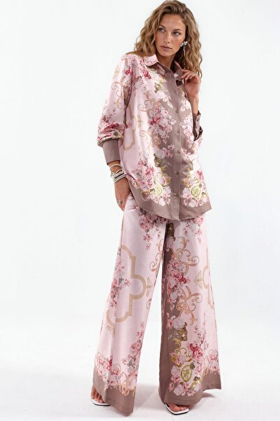 Hiccup Msn Floral Patterned Satin Shirt and Wide-Legged Pants Set