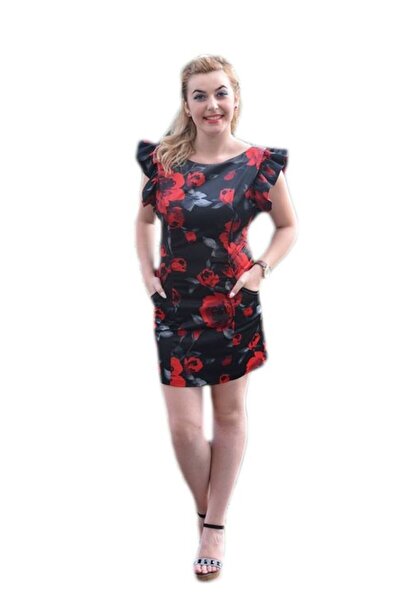 OEM Rochie neagra cu trandafiri rosi si maneca cu falduri