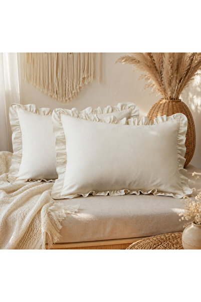 SADEN HOME 100% Cotton Raw Linen Ruffled 2 Piece Pillowcases 50X70 cm Natural...