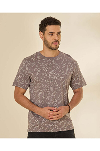 REDTAG Men Taupe Leaf Print AOP T-Shirt