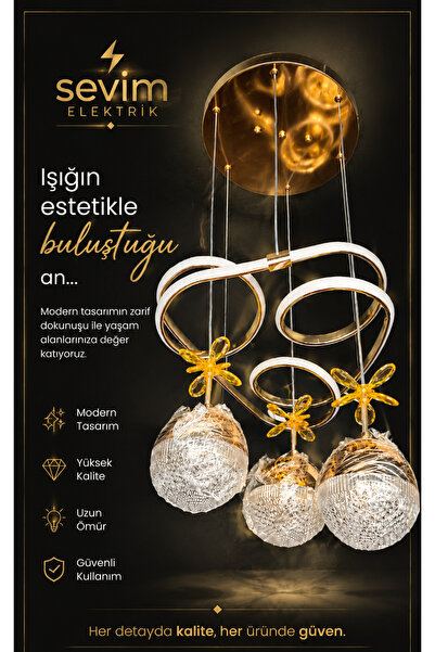 Genel Markalar Sevim Elektrik 3 Renk Modern Gold Led Avize - 3'lü Kristal Cam...