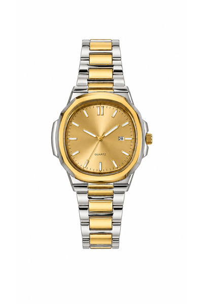 Premium Erkek Kol Saati Çelik Kordon Gold Kadran Takvimli Quartz Analog Bilek Saati