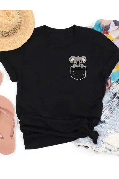 WESTİMO Unisex Black Pocket Koala Printed Oversize T-Shirt