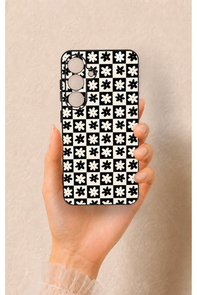 Vip Case Samsung S25 Compatible Floral Motif Checkered Pattern Silicone Case