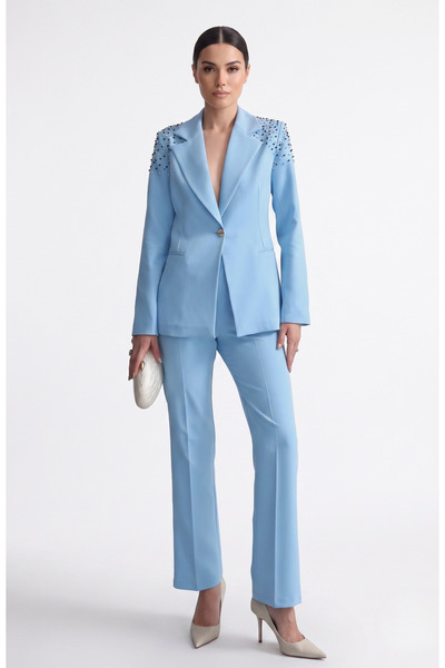 chwain Celestia Stone Embellished Shoulder Detail Suit Padded Blazer & Trouse...