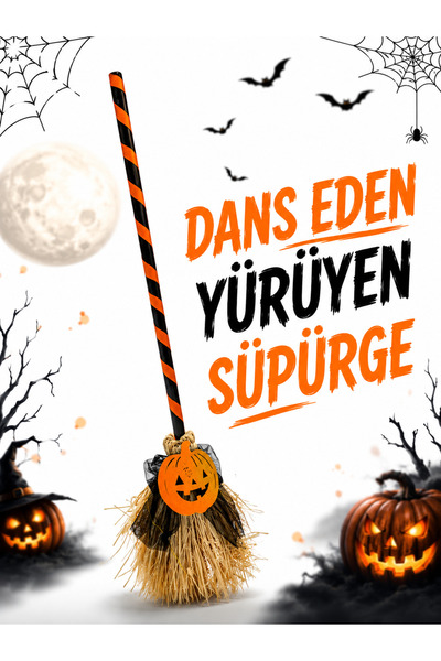 PARTİPORT 79 cm Dans Eden Yürüyen Halloween Süpürgesi Hareketli Balkabağı Süs...