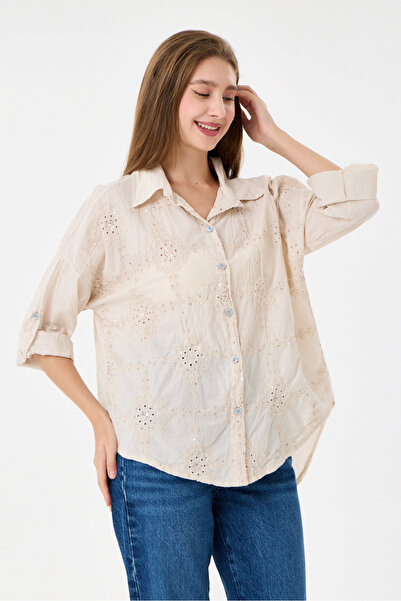 della moor Women's Beige Italian Floral Embroidered Sequined Foldable Long Sl...
