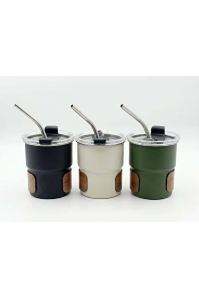 Smart Kitchen Coffee mug 300 ml stainless steel with metal straw and wooden h...