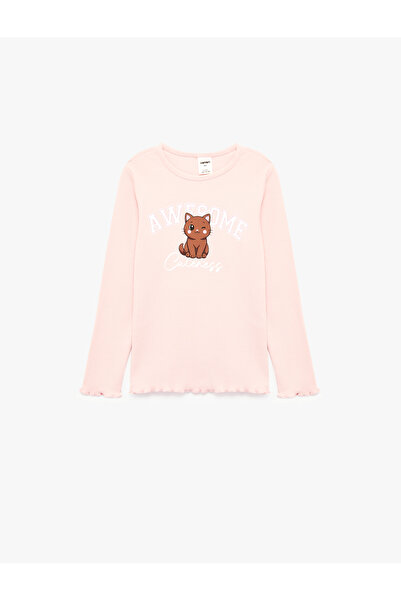 Koton Cotton Long Sleeve Crew Neck Cat Printed T-Shirt