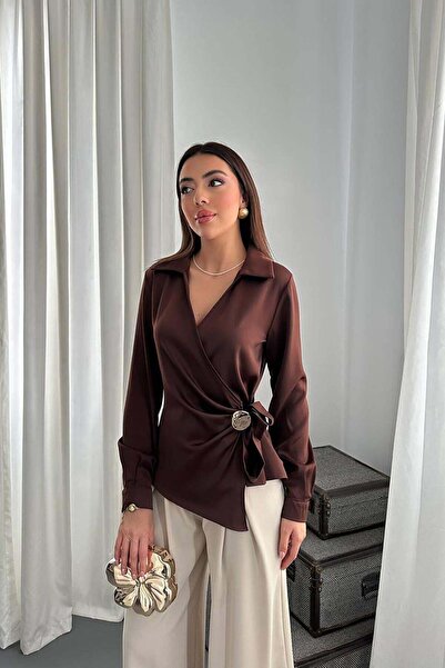 Moda Days Women's Brown Satin Blouse Shirt Lapel Collar Double Breasted Butto...