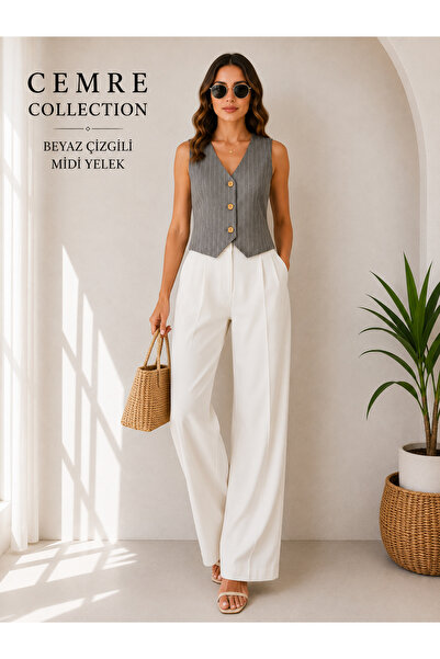 Cemre Collection Bezayağı kumaştan beyaz çizgili minimal yelek