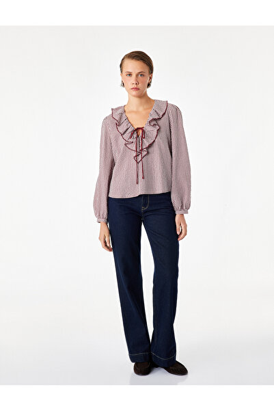 Koton Long Sleeve Tie Detail Ruffled V-Neck Gingham Blouse
