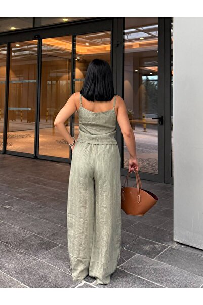 HARMONY GLOBAL Women's Khaki Strappy Crop Top Wide Leg Pants Striped Summer S...