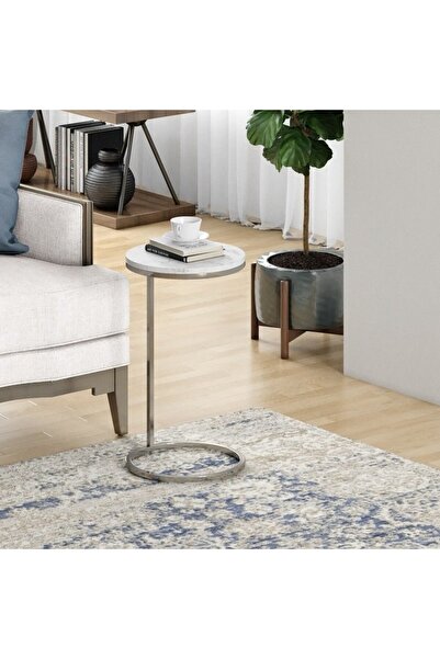 Roots Furniture طاولة مارتيني مستديرة مطلية بالنيكل مقاس 14 بوصة مع رخام كارارا
