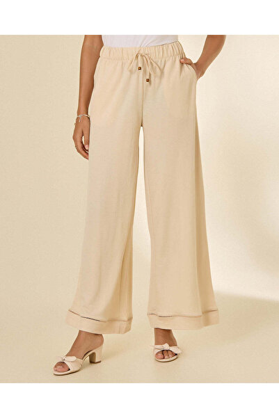 REDTAG Women Beige Plain Ladder Lace Detailed Wide Leg Trousers