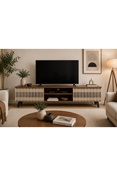 N.zone طاولة تلفاز مودرن 160×40×43.5 سم بتصميم شرائح خشبية أنيق مع رفوف مفتوح...