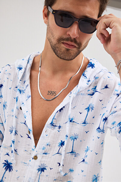 Heaven Ephesus Muslin Tropical Patterned Hooded Shirt